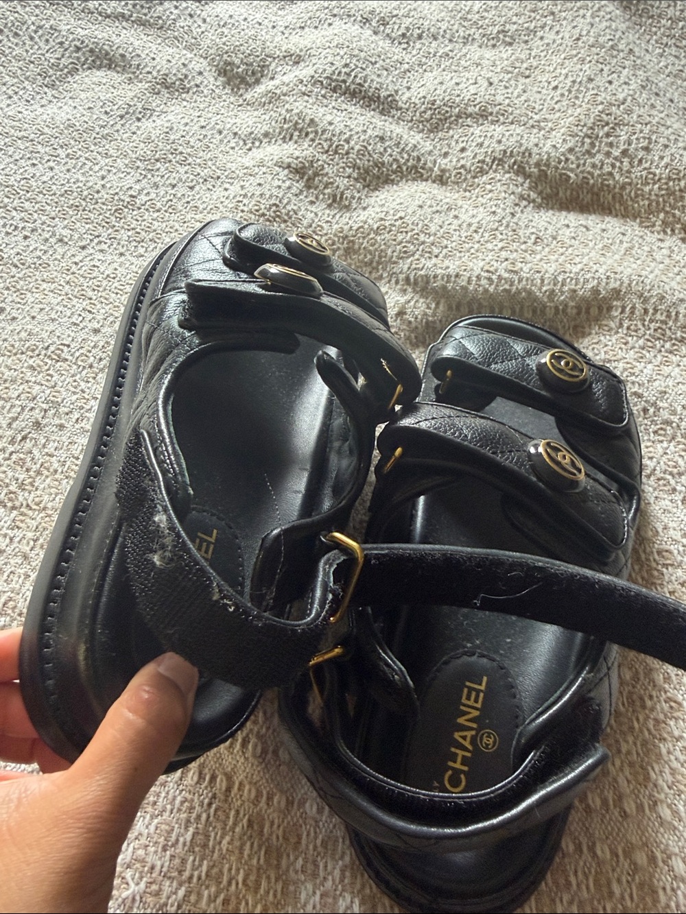 CHANEL Black Quilted Leather Velcro Logo Sandals with Gold CC - Picture 5 of 6